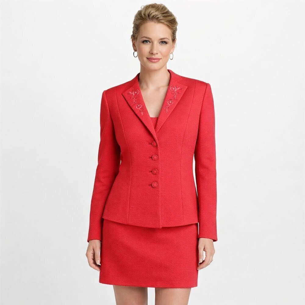Tahari ASL Skirt Suit Size 12P Coral Beaded Embroidered Blazer Textured New